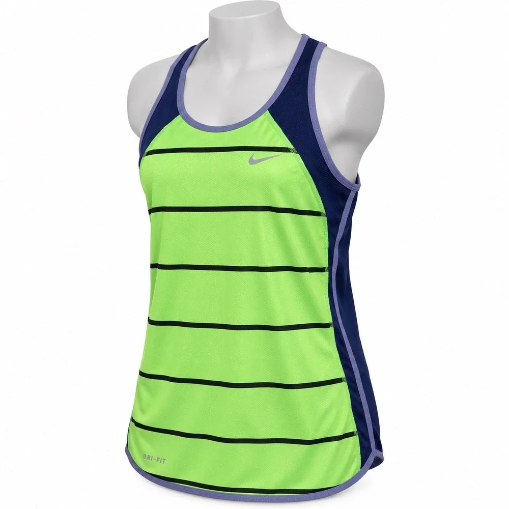 Nike Dri-FIT Racerback Tank Top Lime Green Black Striped Navy Blue Small